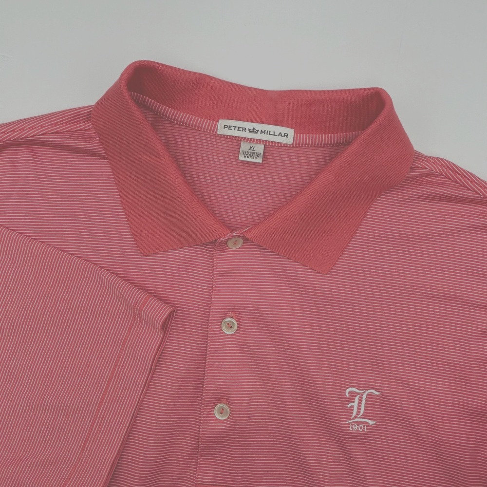 Peter Millar Men's XL Polo Shirt Peach w White Stripes 100% Cotton, 1901 Logo